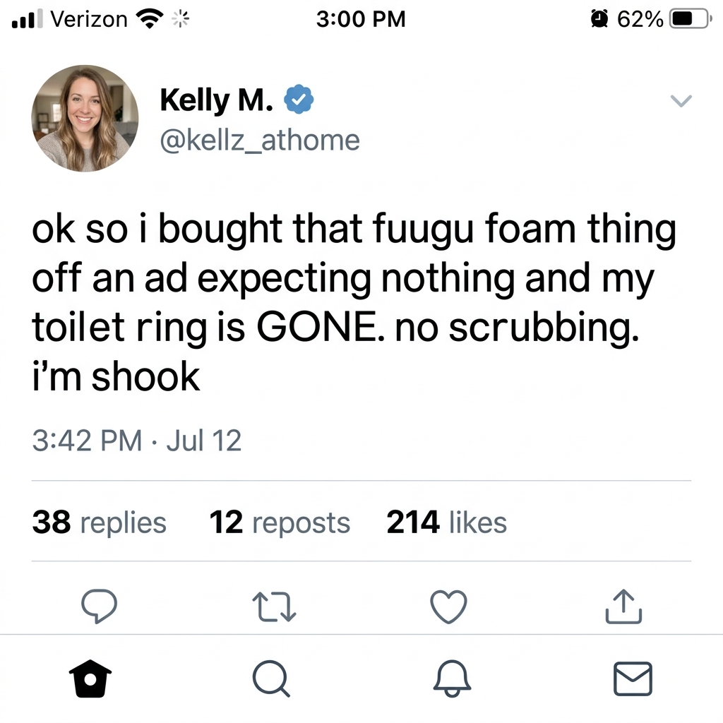 Social media post from Kelly M.: bought that Fuugu foam thing off an ad expecting nothing and my toilet ring is GONE, no scrubbing